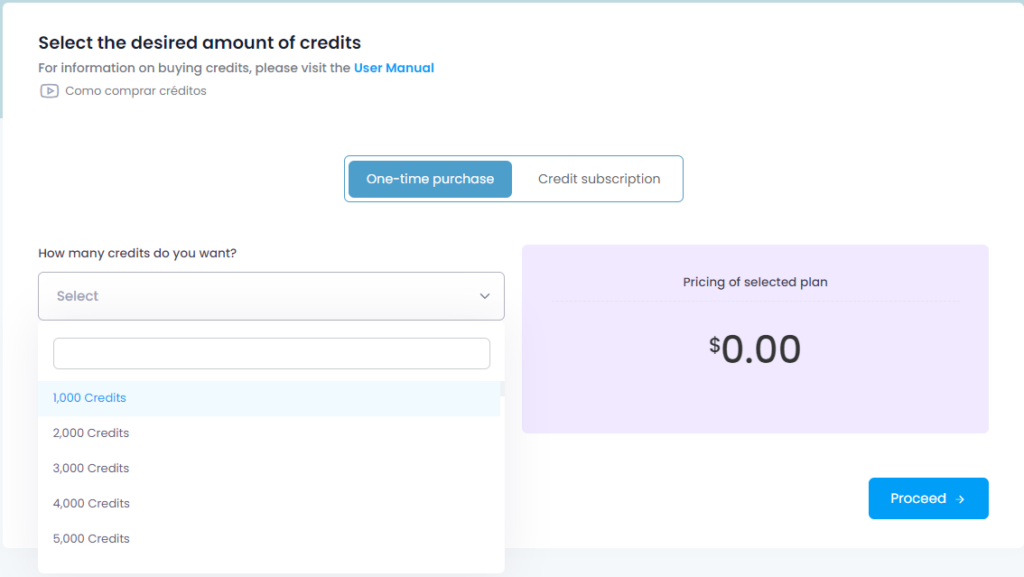 credit amount selection inside safetymails dashboard