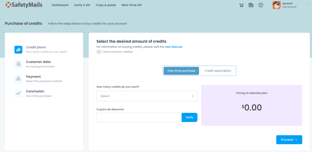 safetymails purchase of credits step 1