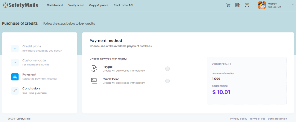 safetymails purchase of credits step 3