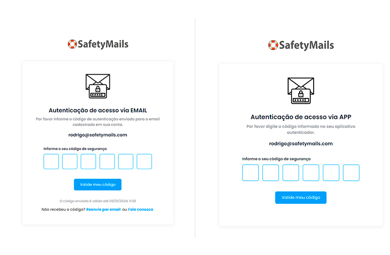 Métodos de Login com Duplo Fator de Autenticação na SafetyMails: via Email e via App
