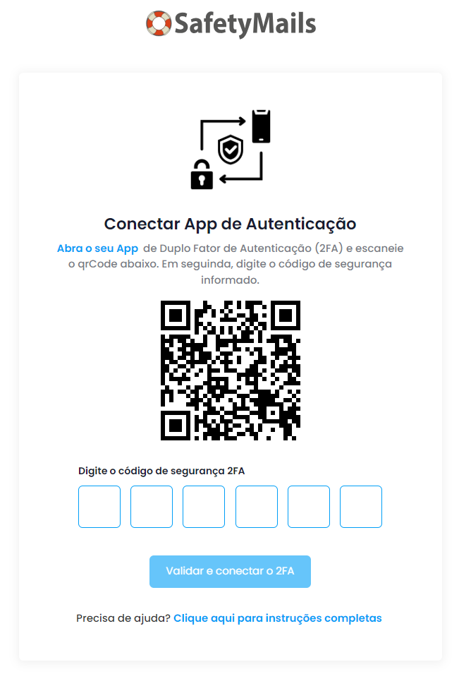 Tela de Conexão de App de Autenticação de Duplo Fator (2FA) na SafetyMails